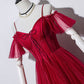 Burgundy tulle long prom gown formal dress  8496