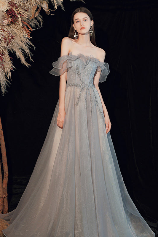 Shiny tulle long prom dress A line evening dress  8593