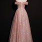 Pink tulle long A line prom dress pink evening dress  8695