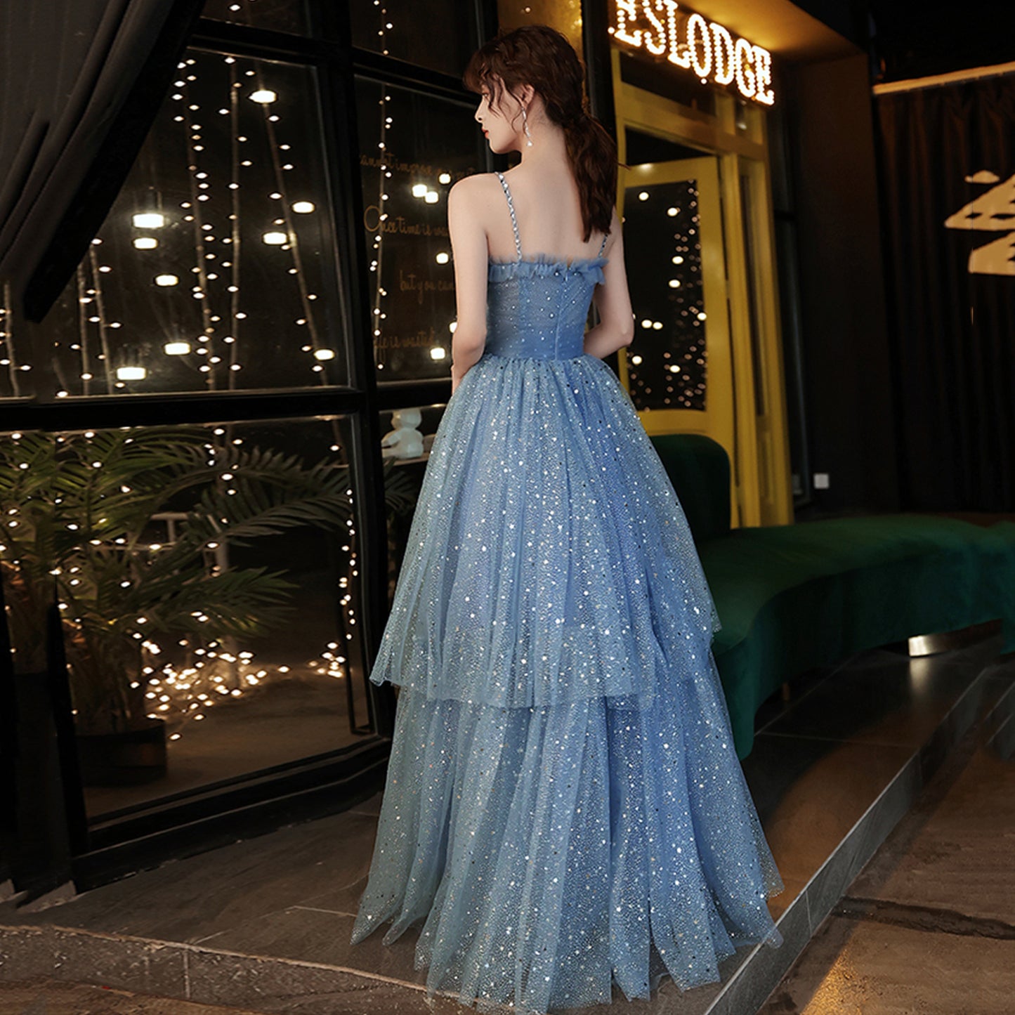 Blue tulle long A line prom dress blue evening dress  8992