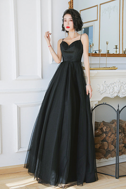 Black tulle long A line prom dress evening dress  8673