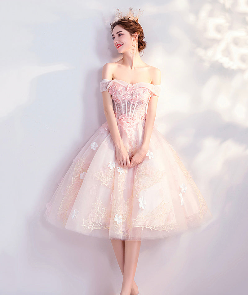 Pink tulle lace short prom dress homecoming dress  8452