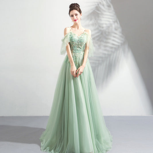 Green tulle lace long prom dress, evening dress  8043