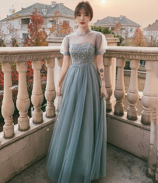 Blue tulle beads long A line prom dress evening dress  8789