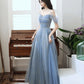 Blue tulle beads long A line prom dress evening dress  8713