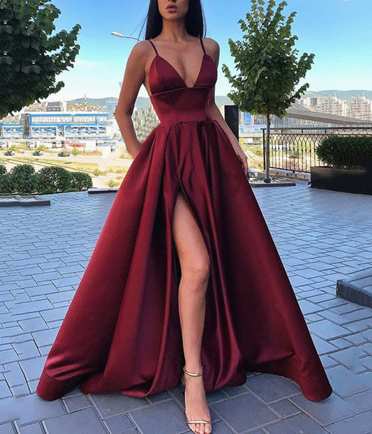 Burgundy satin long prom dress evening dress  8615