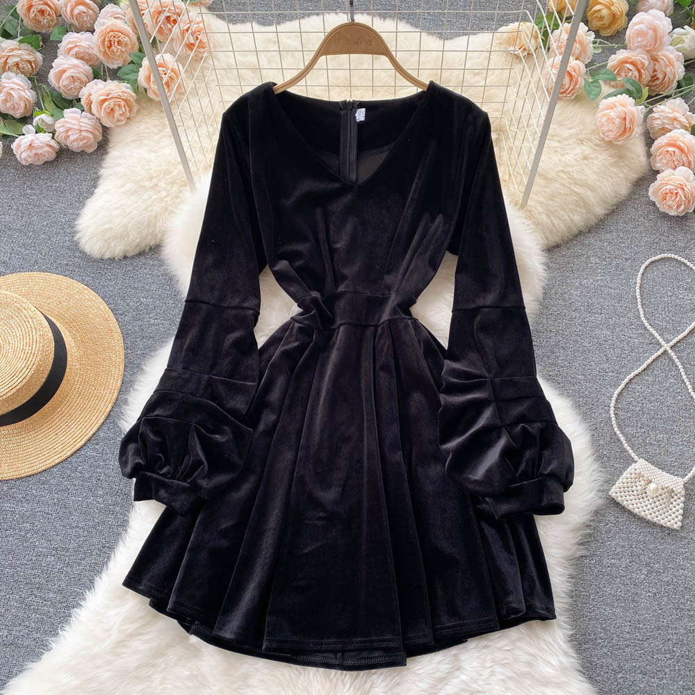 Black V Neck Long Sleeve Dress Fashion Dress  10873