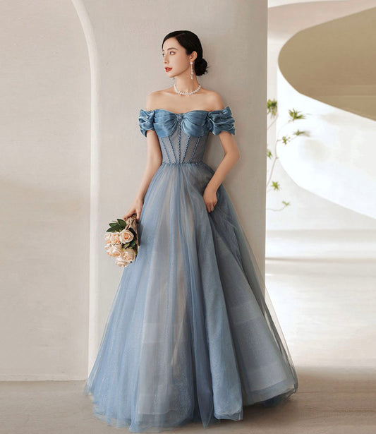 Robe de soirée longue en tulle bleu, ligne A, robe de bal, 10287