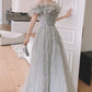 Gray tulle long prom dress A line evening dress  10647