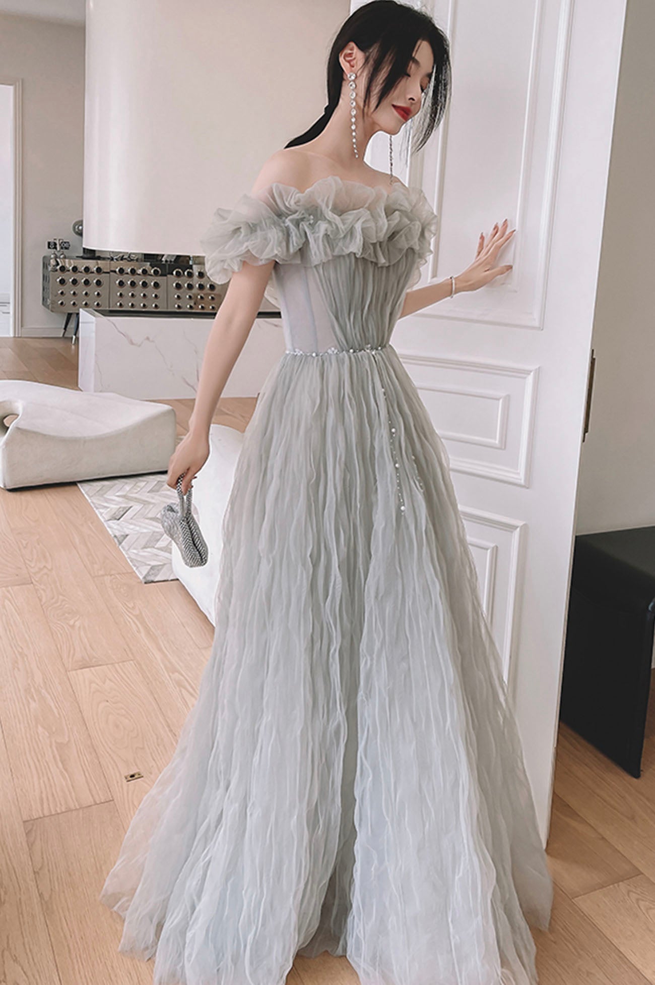 Gray tulle long prom dress A line evening dress  10647