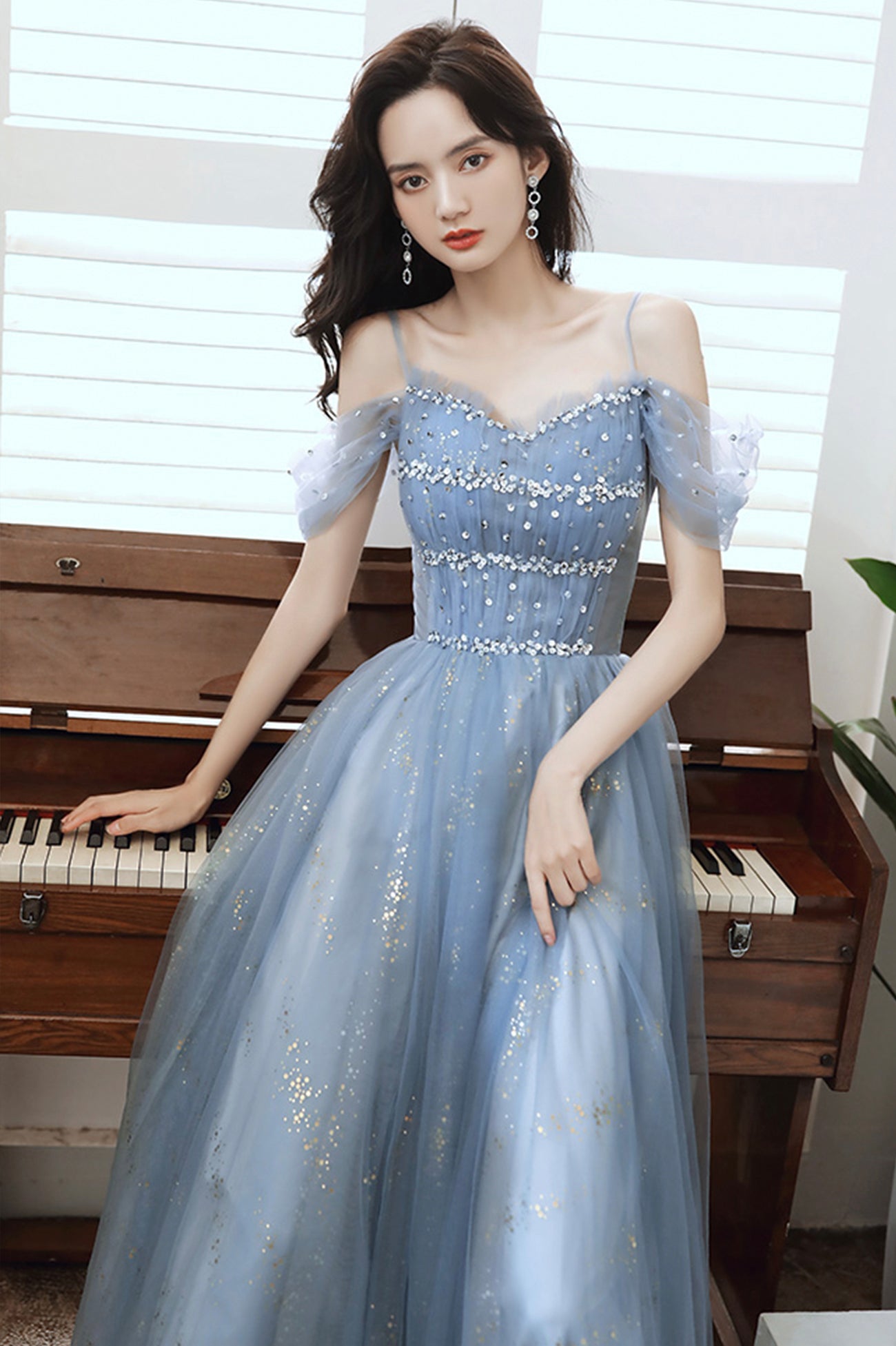Blue tulle beads long A line prom dress evening dress  8713