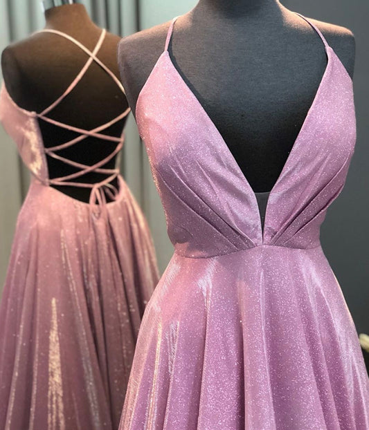 Simple v neck prom dress pink evening dress  8300