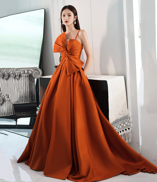 Robe de bal longue en satin orange avec nœud Robe de soirée trapèze 10568