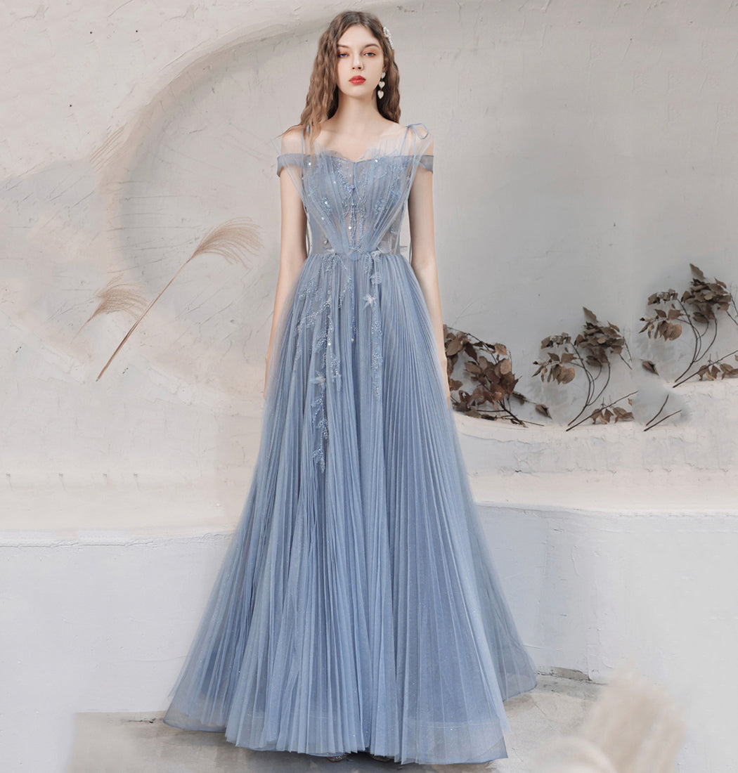 Blue tulle long prom dress blue evening dress  8628