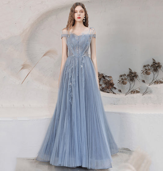 Blue tulle long prom dress blue evening dress  8628