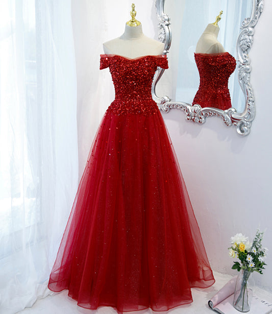 Red tulle sequins long prom dress red evening dress  8987