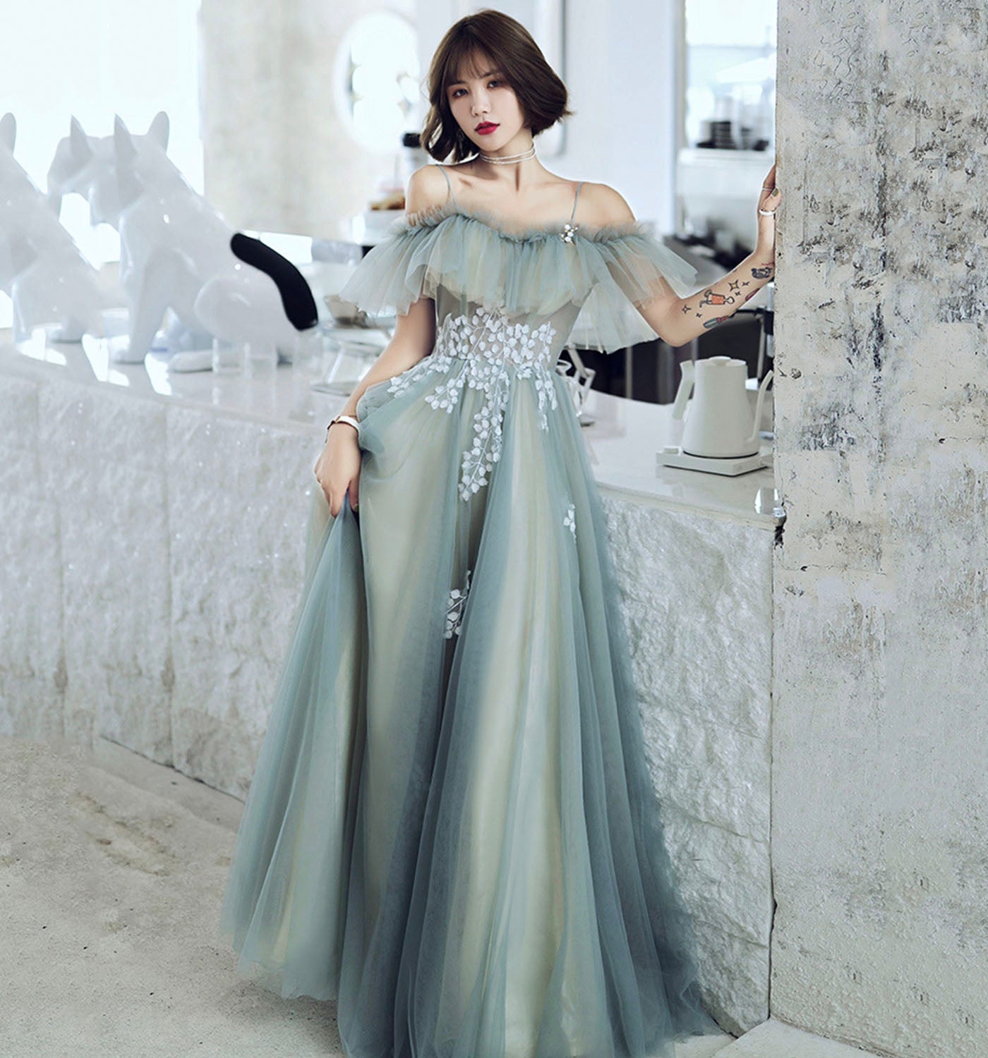 Cute tulle lace long prom dress A line evening dress  8973