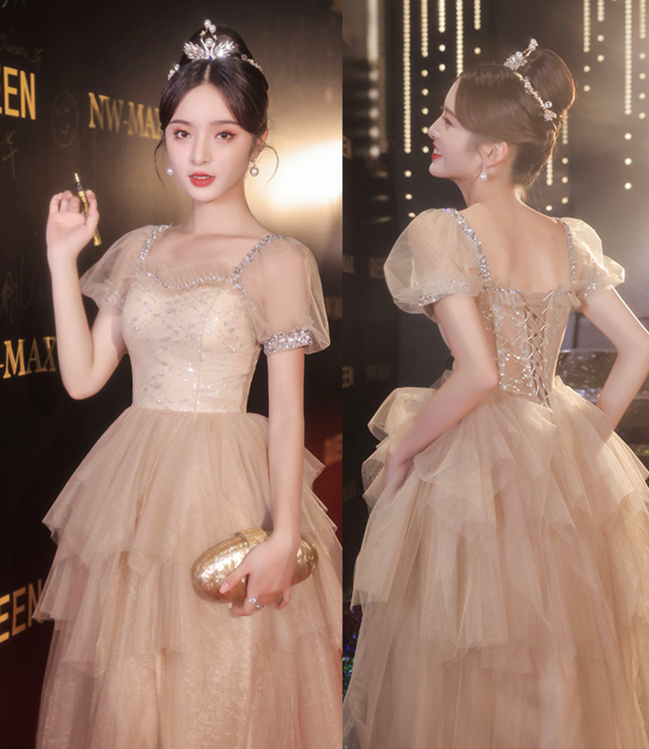 Robe de soirée longue en tulle à paillettes et jolie ligne A 10413