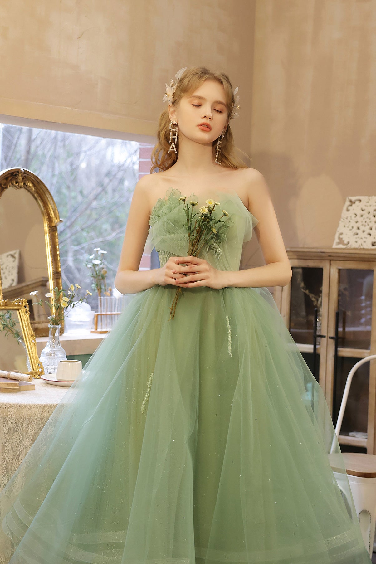Green tulle short prom dress green evening dress  8633