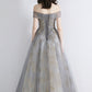 Gray tulle sequins long prom dress evening dress  10639