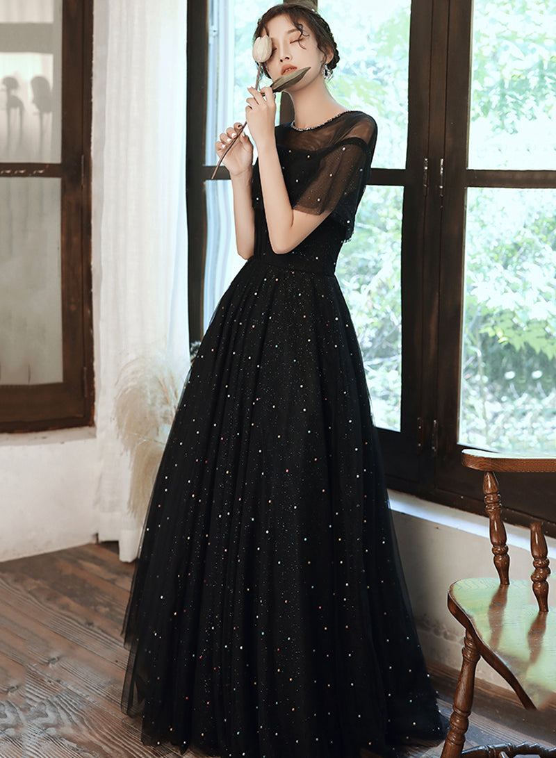 Black A line tulle long prom dress black evening dress  8559