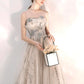 Champagne tulle sequins long A line prom dress  8574