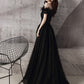 Black tulle beads long A line prom dress evening dress  8706