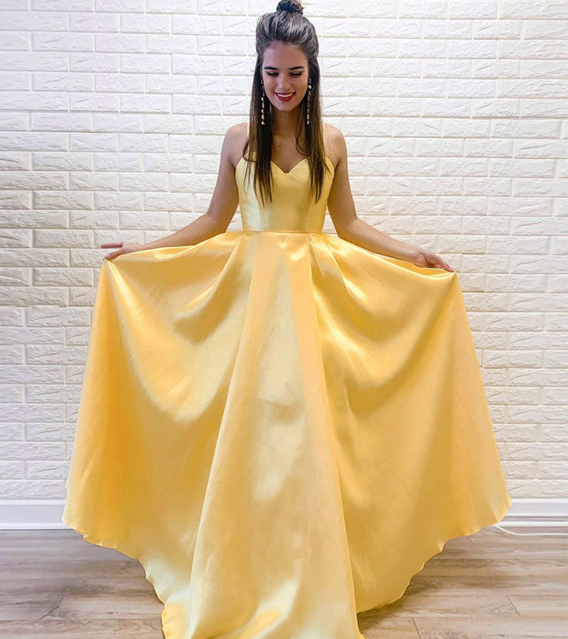 Yellow satin long prom dress evening dress  8187