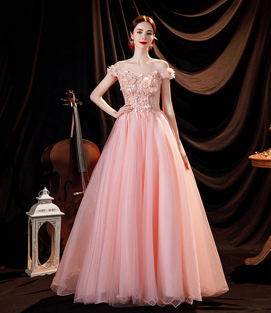 Pink tulle applique long A line prom dress evening dress  8815