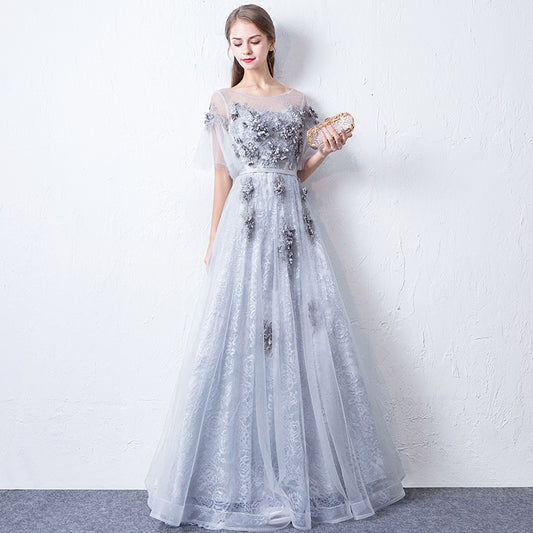 Gray round neck tulle lace long prom dress, evening dress  7942