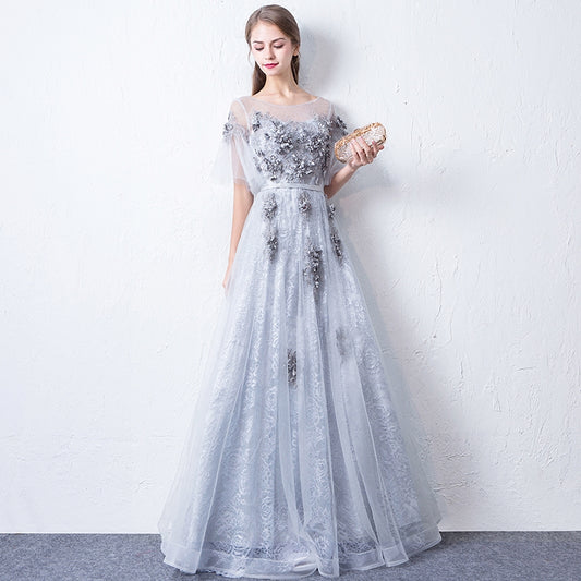Robe de soirée longue en tulle et dentelle grise à col rond 7942