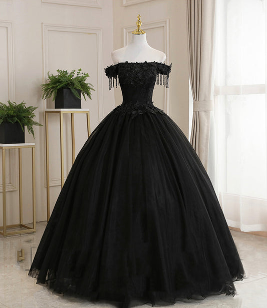 Schwarzes Tüll-Spitzen-Ballkleid-Kleid, lang, formelles Kleid 8931