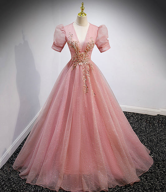 Pink tulle beads long prom dress A line evening gown  10162