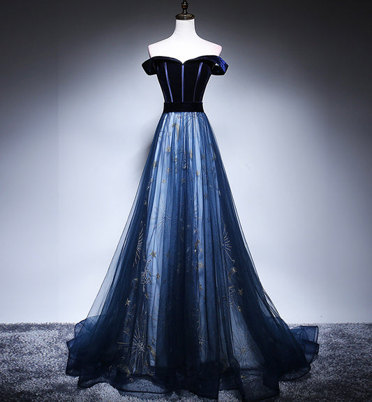 Blue velvet tulle long prom dress evening dress  8449