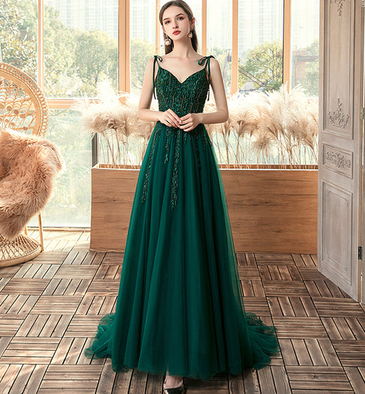 Green tulle lace long prom dress evening dress  8458