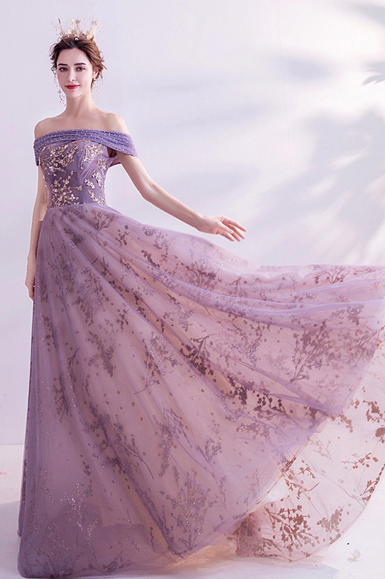 Purple tulle sequins long A line prom dress evening dress  8564