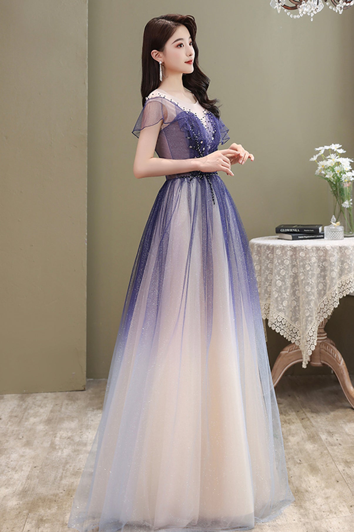 Cute tulle long A line prom dress cute evening dress  8666