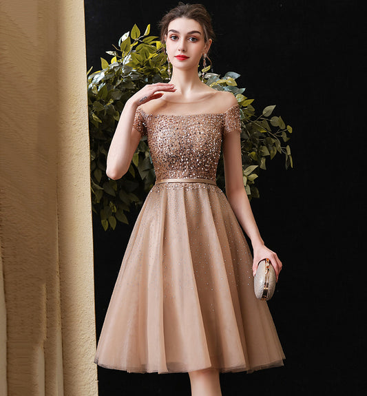 Gold tulle beads short prom dress party dress  8491