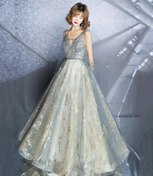 Gray tulle sequins long prom dress A line evening gown  10492
