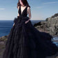 Black v neck tulle long prom dress evening dress  8515