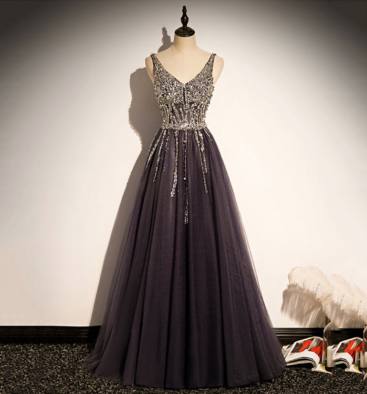 Stylish v neck tulle long prom dress A line evening dress  8640