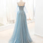 Blue tulle long A line prom dress blue evening dress  8764