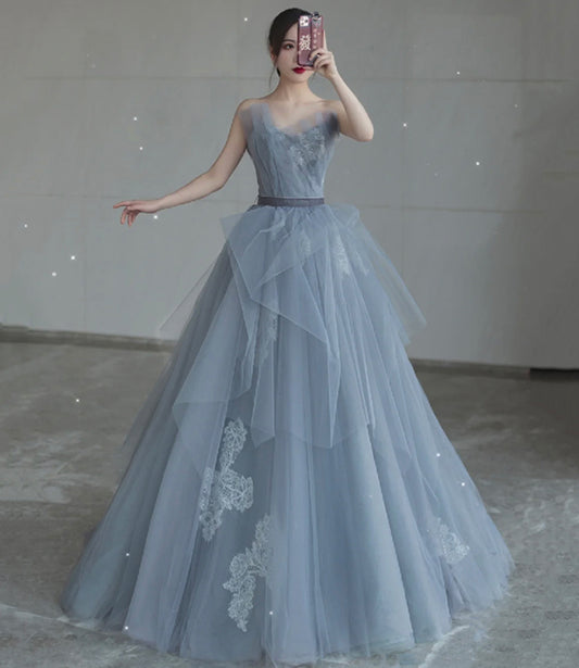 Blue tulle lace long ball gown dress blue evening dress  8766