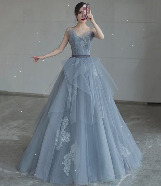 Blaues langes Ballkleid aus Tüllspitze blaues Abendkleid 8766