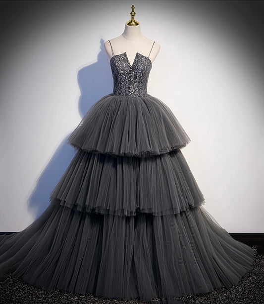 Robe de soirée longue en tulle et dentelle grise 10296