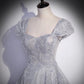 Gray tulle lace long prom dress A line evenig gown  10081