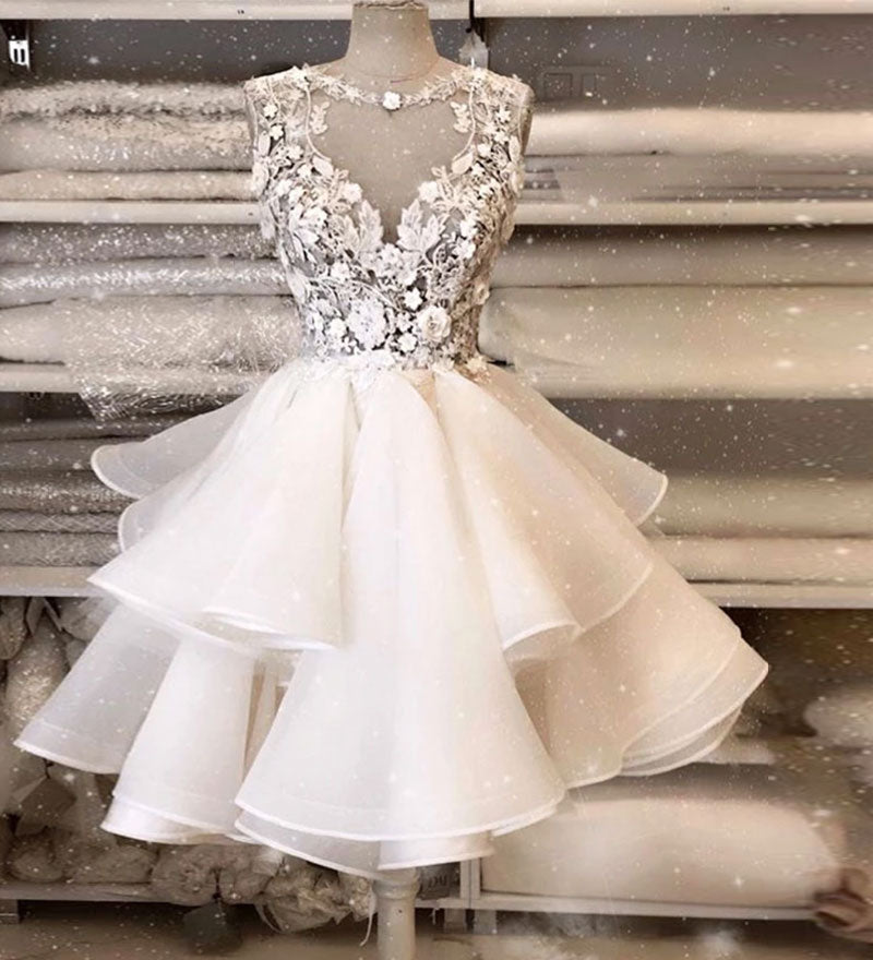 White lace tulle short prom dress party dress  8188