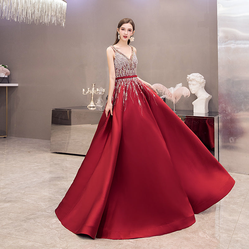 Hochwertiges V-Ausschnitt Perlen langes Abendkleid rotes Abendkleid 8525