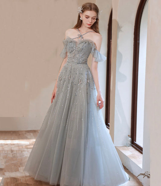 Gray tulle beads long prom dress A line evening dress  10425