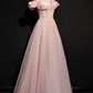 Pink tulle long A line prom dress pink evening dress  8693